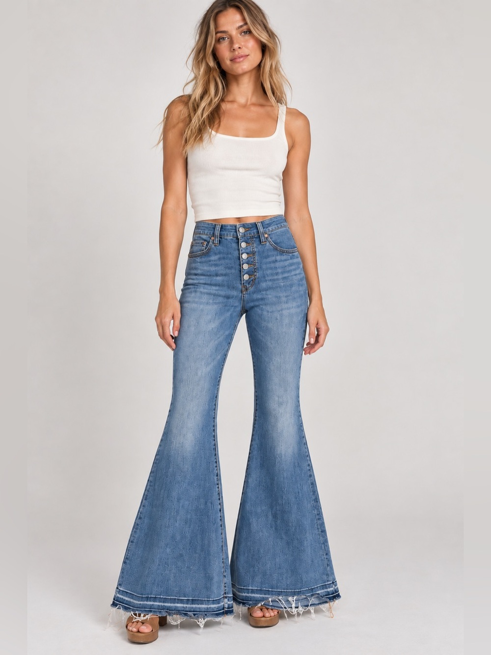 We The Free High Rise Flare Jeans Blue Denim Button Fly Raw Hem Stretch Festival